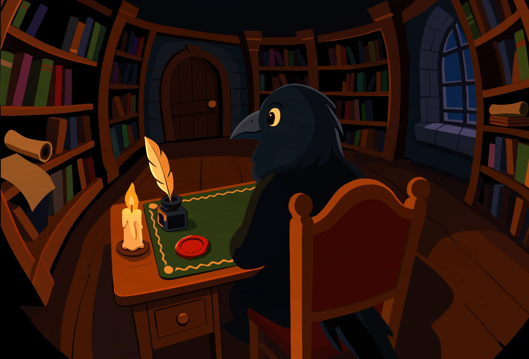 A crow seated at a desk in a cosy curved library, lit by candlelight, with a quill and ink.