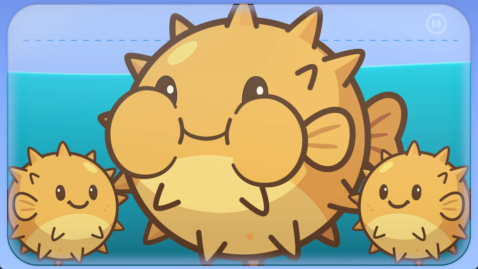 Gameplay screenshot with a large puffed pufferfish in the centre and two smaller fish near the bottom corners.
