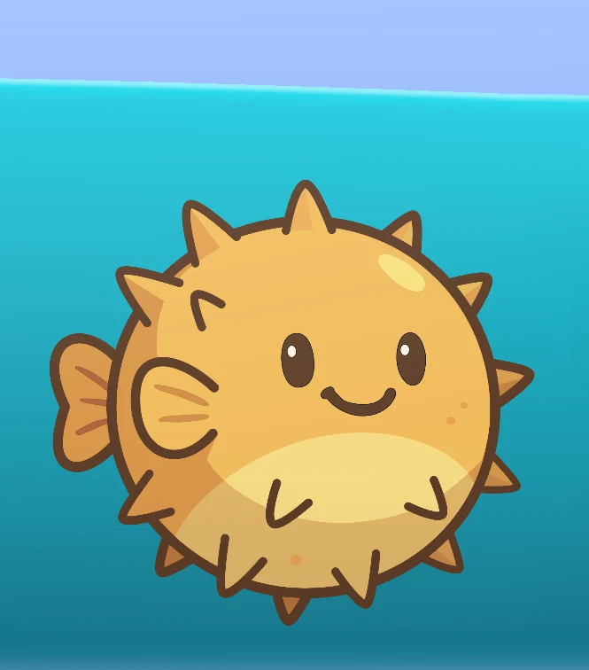 Gameplay screenshot showing a single pufferfish floating in the tank beneath the waterline.